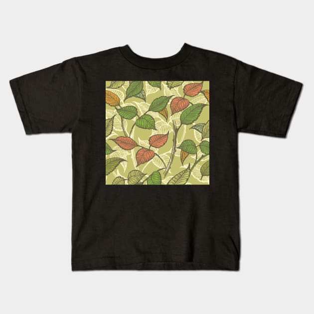 Retro Leaves Seamless Pattern Kids T-Shirt by devaleta